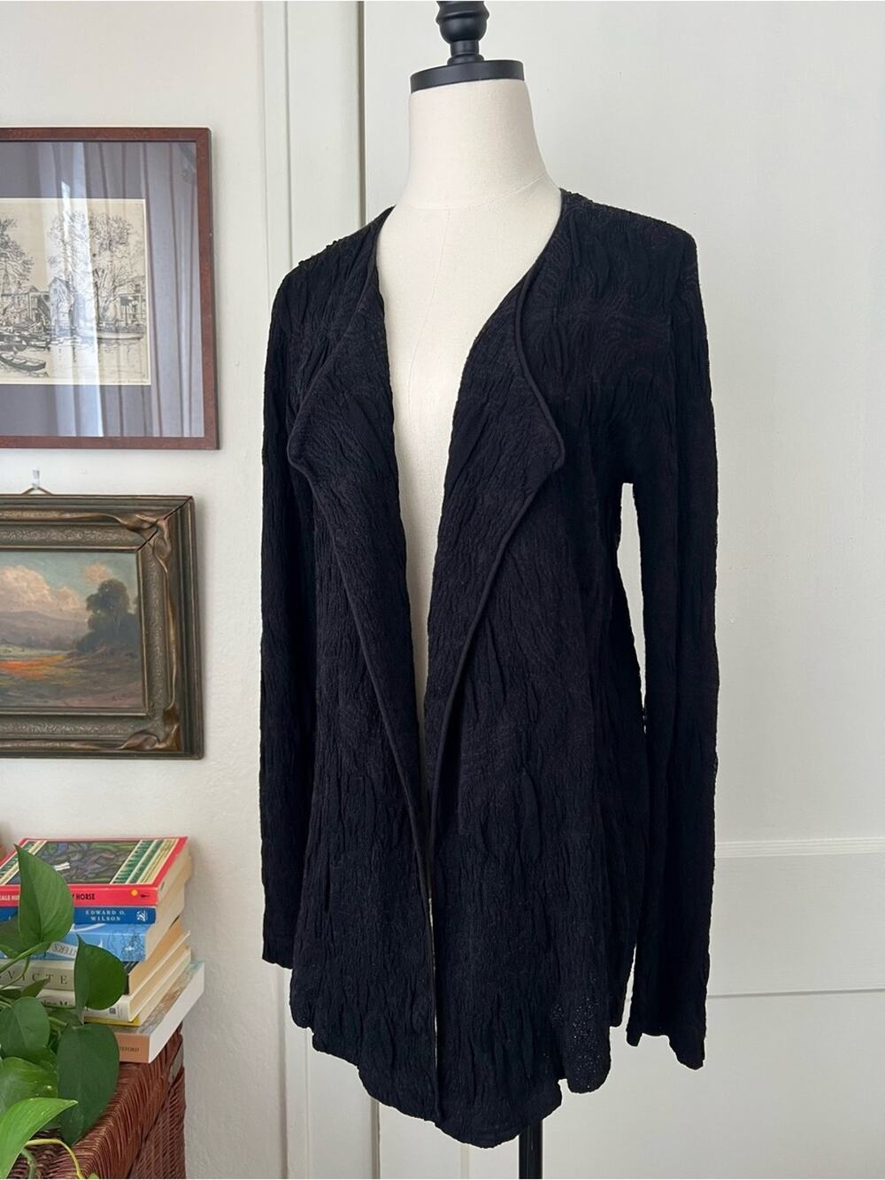 Eileen Fisher Black Textured Open-Front Cardigan
